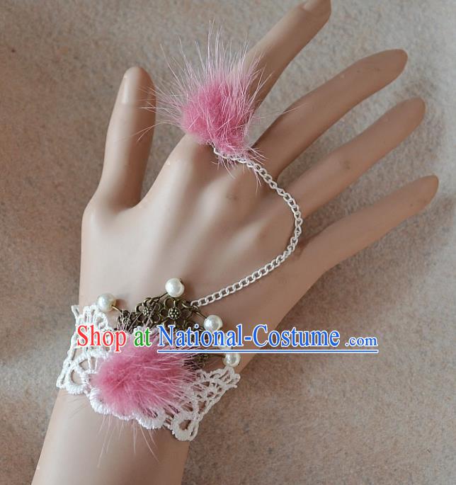 European Western Bride Vintage Renaissance Pink Venonat Lace Bracelet with Ring for Women