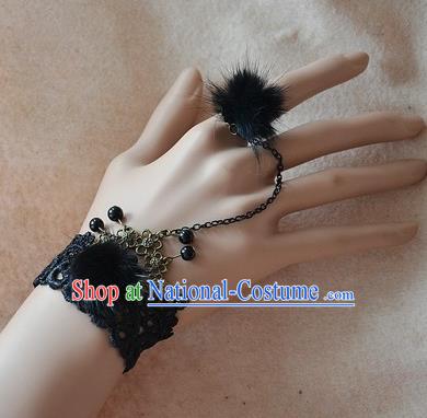 European Western Bride Vintage Renaissance Black Venonat Lace Bracelet with Ring for Women