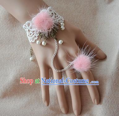 European Western Bride Vintage Renaissance Light Pink Venonat Lace Bracelet with Ring for Women