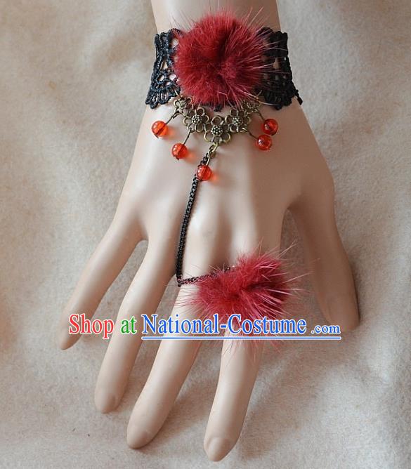 European Western Bride Vintage Renaissance Red Venonat Lace Bracelet with Ring for Women