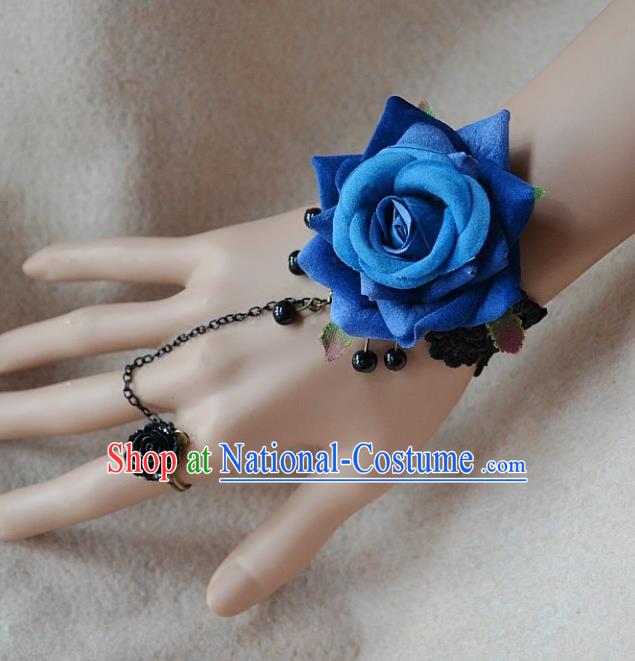 European Western Bride Wrist Flowers Vintage Renaissance Blue Rose Bracelet with Ring for Women