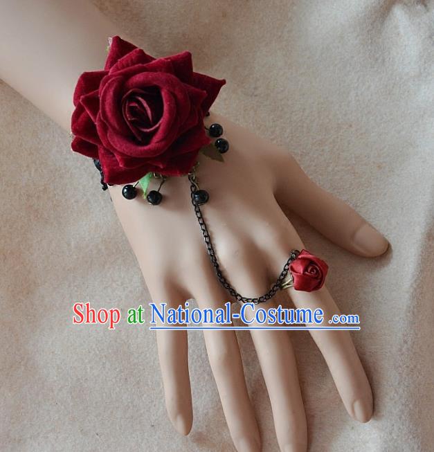 European Western Bride Wrist Flowers Vintage Renaissance Wine Red Rose Bracelet with Ring for Women