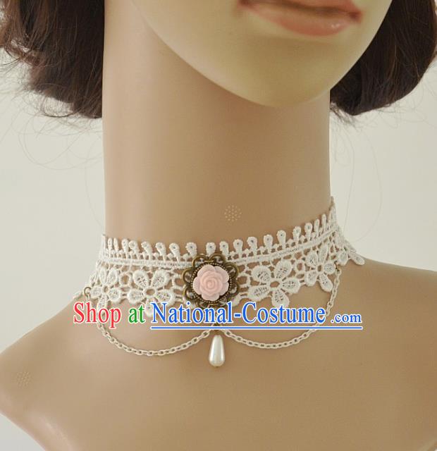 European Western Vintage Jewelry Accessories Renaissance Bride Pink Flower Lace Gothic Necklace for Women