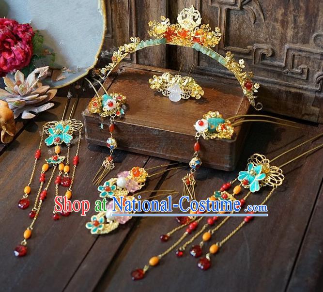 Chinese Handmade Classical Wedding Hairpins Ancient Hanfu Hair Accessories Phoenix Coronet Complete Set for Women