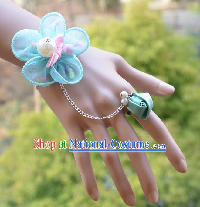 European Western Bride Wrist Accessories Vintage Renaissance Blue Flower Gothic Bracelet with Ring for Women