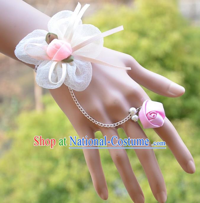 European Western Bride Wrist Accessories Vintage Renaissance Pink Flower Gothic Bracelet with Ring for Women