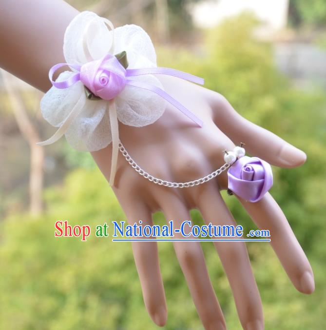 European Western Bride Wrist Accessories Vintage Renaissance Purple Flower Gothic Bracelet with Ring for Women