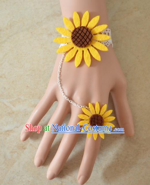 European Western Bride Wrist Accessories Vintage Renaissance Yellow Sunflower Bracelet with Ring for Women