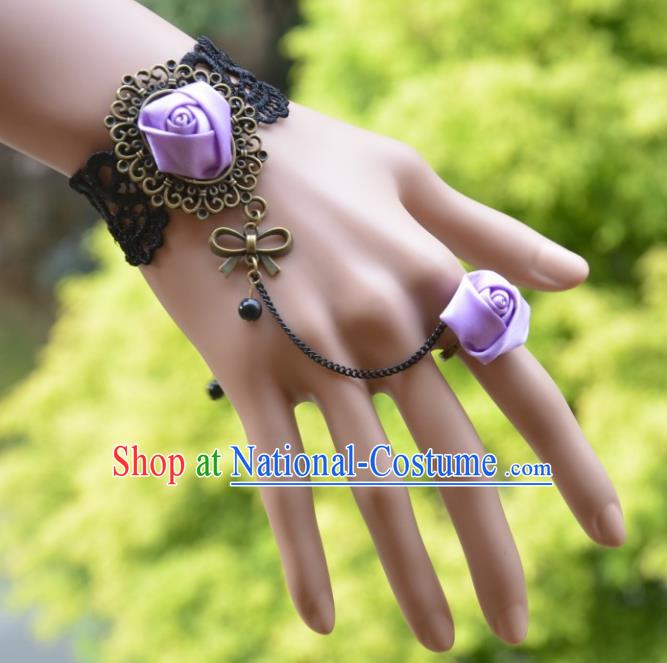 European Western Bride Wrist Accessories Vintage Renaissance Purple Rose Bracelet with Ring for Women