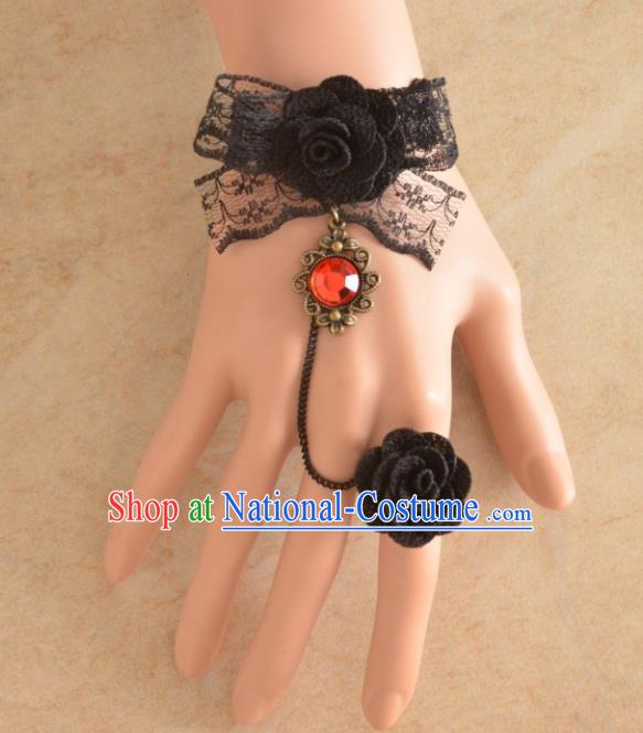 European Western Bride Wrist Accessories Vintage Renaissance Black Bowknot Bracelet with Ring for Women