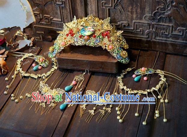 Chinese Handmade Classical Wedding Hairpins Ancient Hanfu Hair Accessories Golden Phoenix Coronet Set for Women