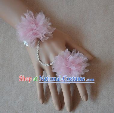 European Western Bride Wrist Accessories Vintage Renaissance Pink Flowers Bracelet with Ring for Women