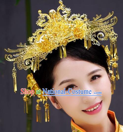 Chinese Handmade Classical Wedding Hairpins Ancient Hanfu Hair Accessories Golden Butterfly Phoenix Coronet for Women