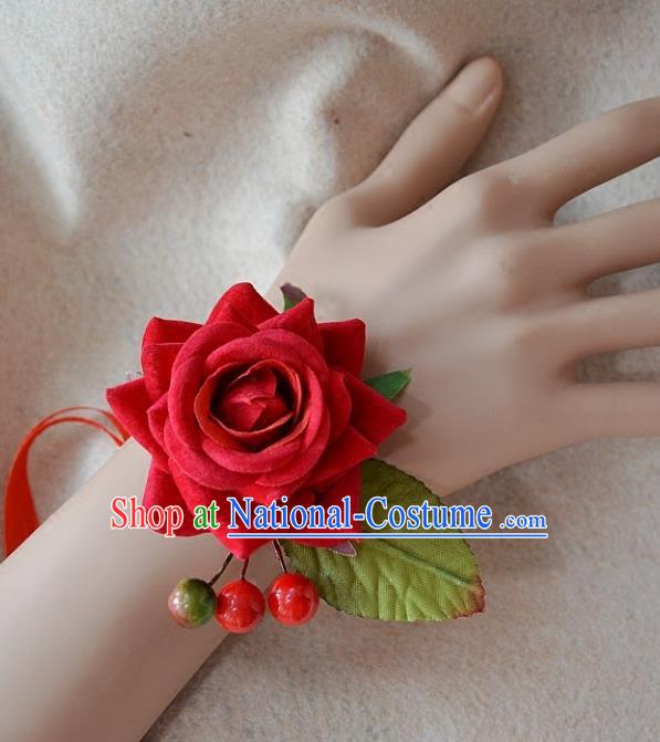 European Western Bride Wrist Flowers Vintage Renaissance Red Rose Bracelet for Women