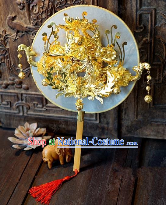 Chinese Handmade Classical Wedding Golden Fans Ancient Palace Round Fans for Women