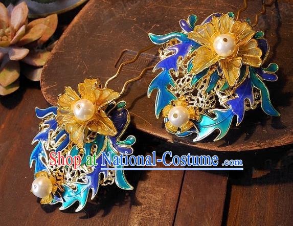 Chinese Handmade Classical Wedding Blueing Hairpins Ancient Hanfu Hair Clip Hair Accessories for Women