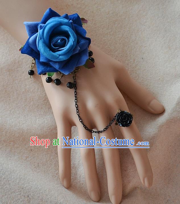 European Western Bride Vintage Jewelry Accessories Renaissance Blue Rose Bracelet with Ring for Women