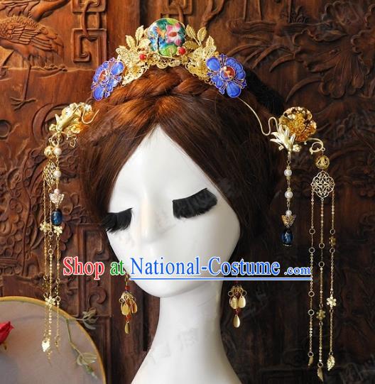 Chinese Handmade Classical Wedding Hairpins Ancient Hanfu Cloisonne Phoenix Coronet Hair Accessories for Women