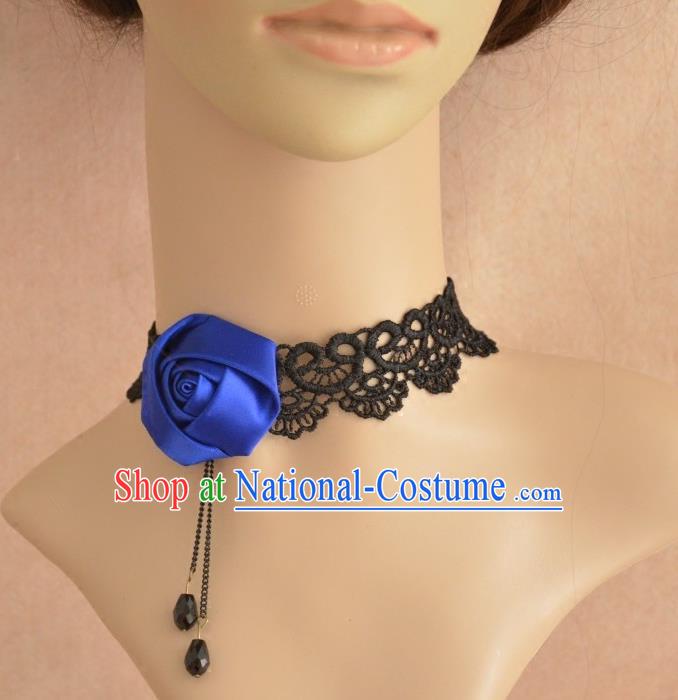 European Western Vintage Jewelry Accessories Renaissance Bride Blue Satin Rose Necklace for Women