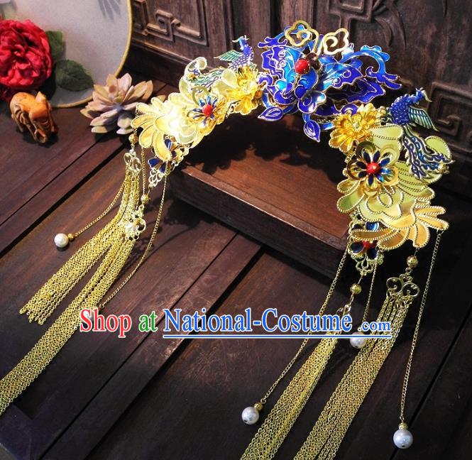 Chinese Handmade Classical Hairpins Ancient Hanfu Cloisonne Phoenix Coronet Hair Accessories for Women