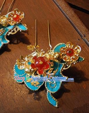 Chinese Handmade Classical Blue Hairpins Ancient Hanfu Headdress Hair Accessories Hair Stick for Women