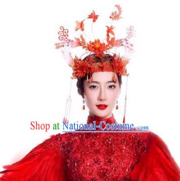 Chinese Handmade Classical Red Phoenix Coronet Ancient Hanfu Headdress Hair Accessories for Women