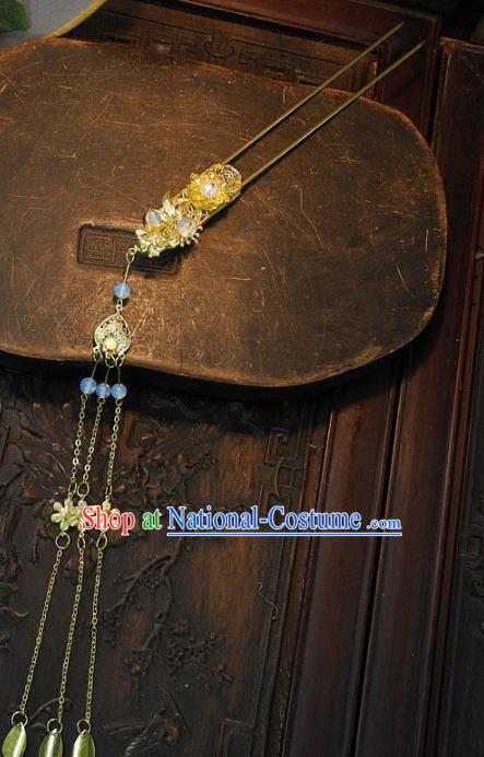 Chinese Handmade Classical Golden Tassel Hairpins Ancient Hanfu Headdress Hair Accessories for Women