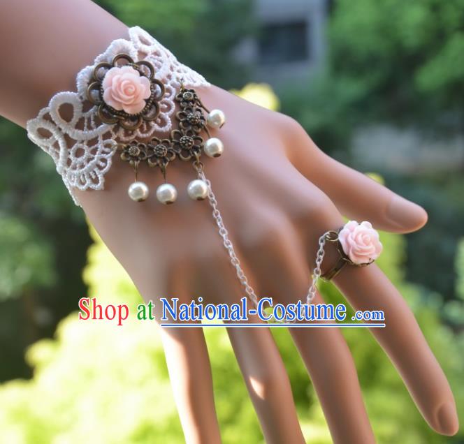 European Western Bride Vintage Accessories Renaissance Pink Rose Pearls Bracelet with Ring for Women