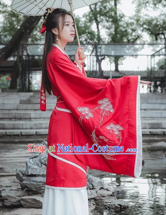 Traditional China Ancient Han Dynasty Princess Costume Red Embroidered Curving-front Robe for Women