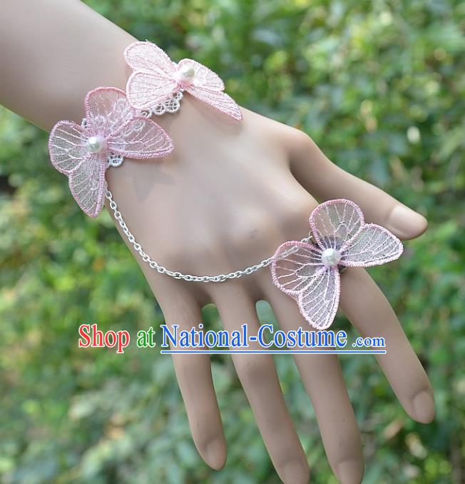 European Western Bride Wrist Accessories Vintage Renaissance Pink Butterfly Bracelet with Ring for Women