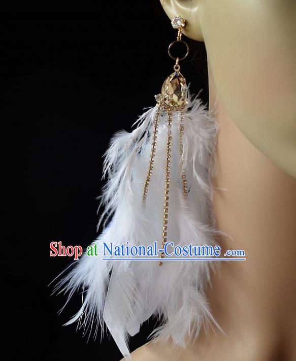 European Western Bride Vintage Accessories White Feather Crystal Eardrop Renaissance Earrings for Women