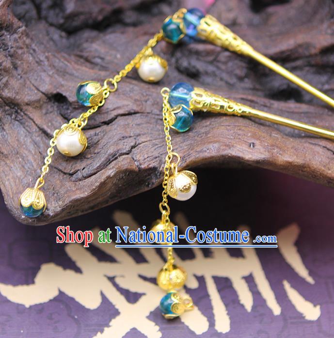 Handmade Chinese Ancient Hair Accessories Blue Beads Tassel Step Shake Hairpins for Women