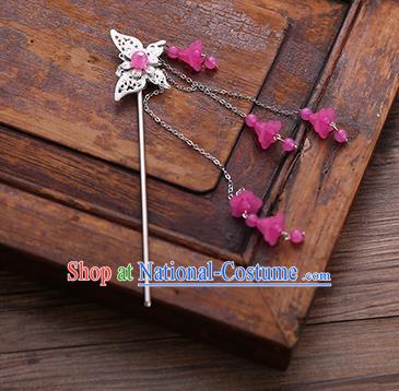 Handmade Chinese Ancient Princess Hair Accessories Butterfly Rosy Tassel Hairpins for Women