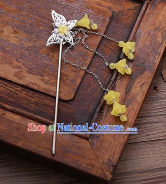 Handmade Chinese Ancient Princess Hair Accessories Butterfly Yellow Tassel Hairpins for Women