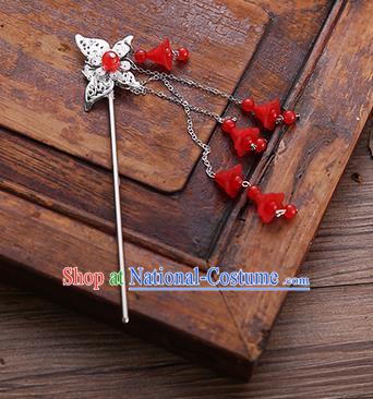 Handmade Chinese Ancient Princess Hair Accessories Butterfly Red Tassel Hairpins for Women