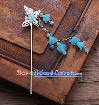 Handmade Chinese Ancient Princess Hair Accessories Butterfly Blue Tassel Hairpins for Women