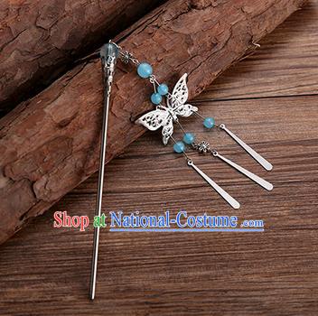 Handmade Chinese Ancient Princess Hair Accessories Blue Beads Butterfly Hairpins for Women