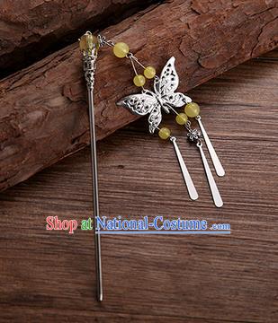 Handmade Chinese Ancient Princess Hair Accessories Yellow Beads Butterfly Hairpins for Women