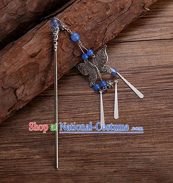 Handmade Chinese Ancient Princess Hair Accessories Deep Blue Beads Butterfly Hairpins for Women