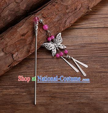 Handmade Chinese Ancient Princess Hair Accessories Rosy Beads Butterfly Hairpins for Women