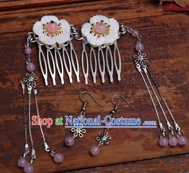 Handmade Chinese Ancient Hair Accessories Pink Beads Tassel Hair Comb Hairpins for Women