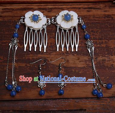 Handmade Chinese Ancient Hair Accessories Royalblue Beads Tassel Hair Comb Hairpins for Women