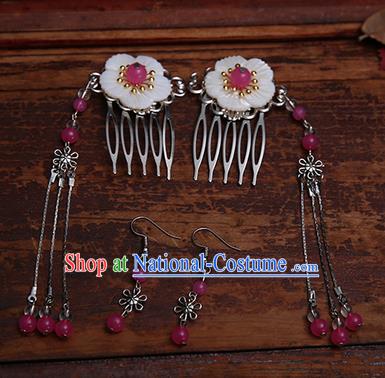 Handmade Chinese Ancient Hair Accessories Rosy Beads Tassel Hair Comb Hairpins for Women