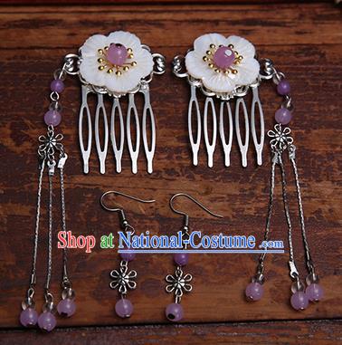 Handmade Chinese Ancient Hair Accessories Purple Beads Tassel Hair Comb Hairpins for Women