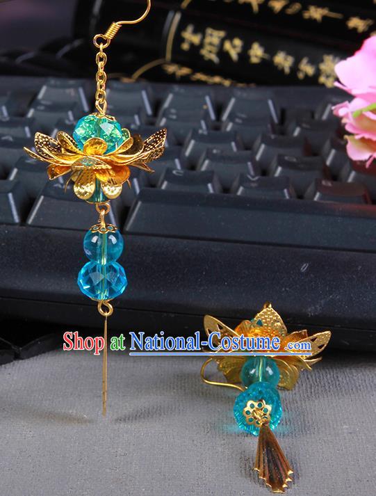 Handmade Chinese Ancient Palace Lady Accessories Hanfu Blue Beads Lotus Earrings for Women