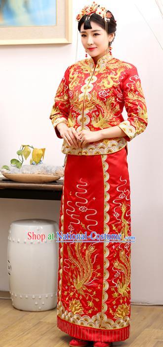 Traditional Ancient Chinese Costume Xiuhe Suits Wedding Embroidered Dragon and Phoenix Toast Cheongsam for Women