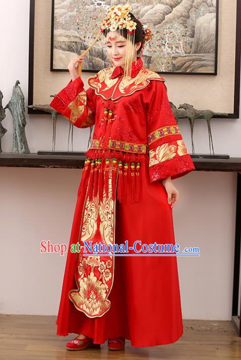 Traditional Ancient Chinese Costume Xiuhe Suits Wedding Embroidered Dragon and Phoenix Red Clothing for Women