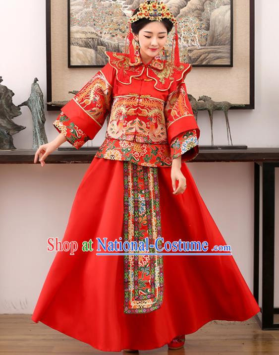 Traditional Ancient Chinese Costume Xiuhe Suits Wedding Bride Embroidered Red Toast Clothing for Women