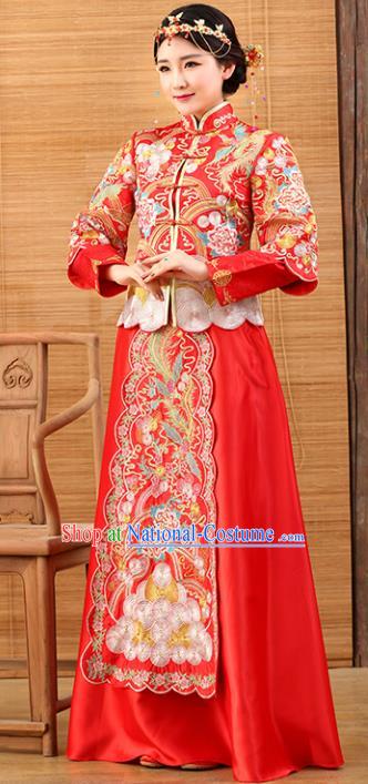 Traditional Ancient Chinese Costume Xiuhe Suits Wedding Dress Bride Embroidered Red Toast Clothing for Women