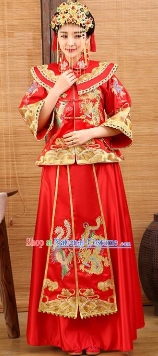 Traditional Ancient Chinese Costume Xiuhe Suits Wedding Embroidered Dragon and Phoenix Red Toast Clothing for Women